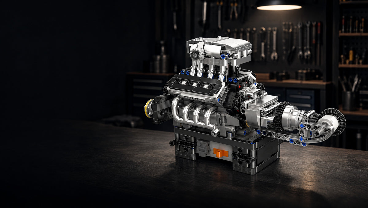 A chrome supercharger over eight moving pistons