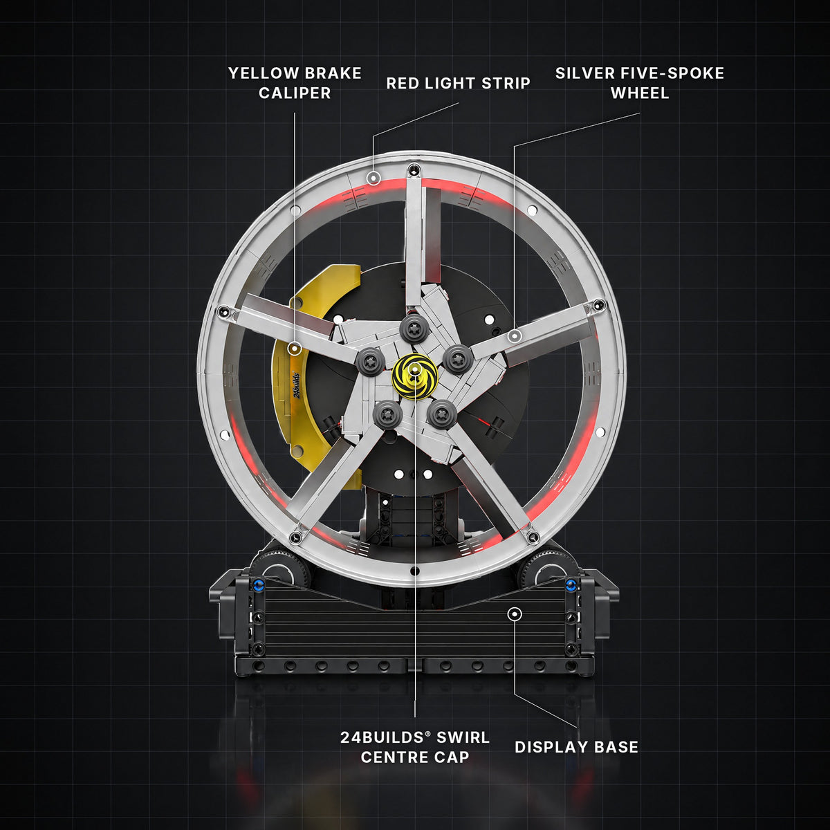 Motorised Five-Spoke Sport Wheel Hub brick model with its key features labelled
