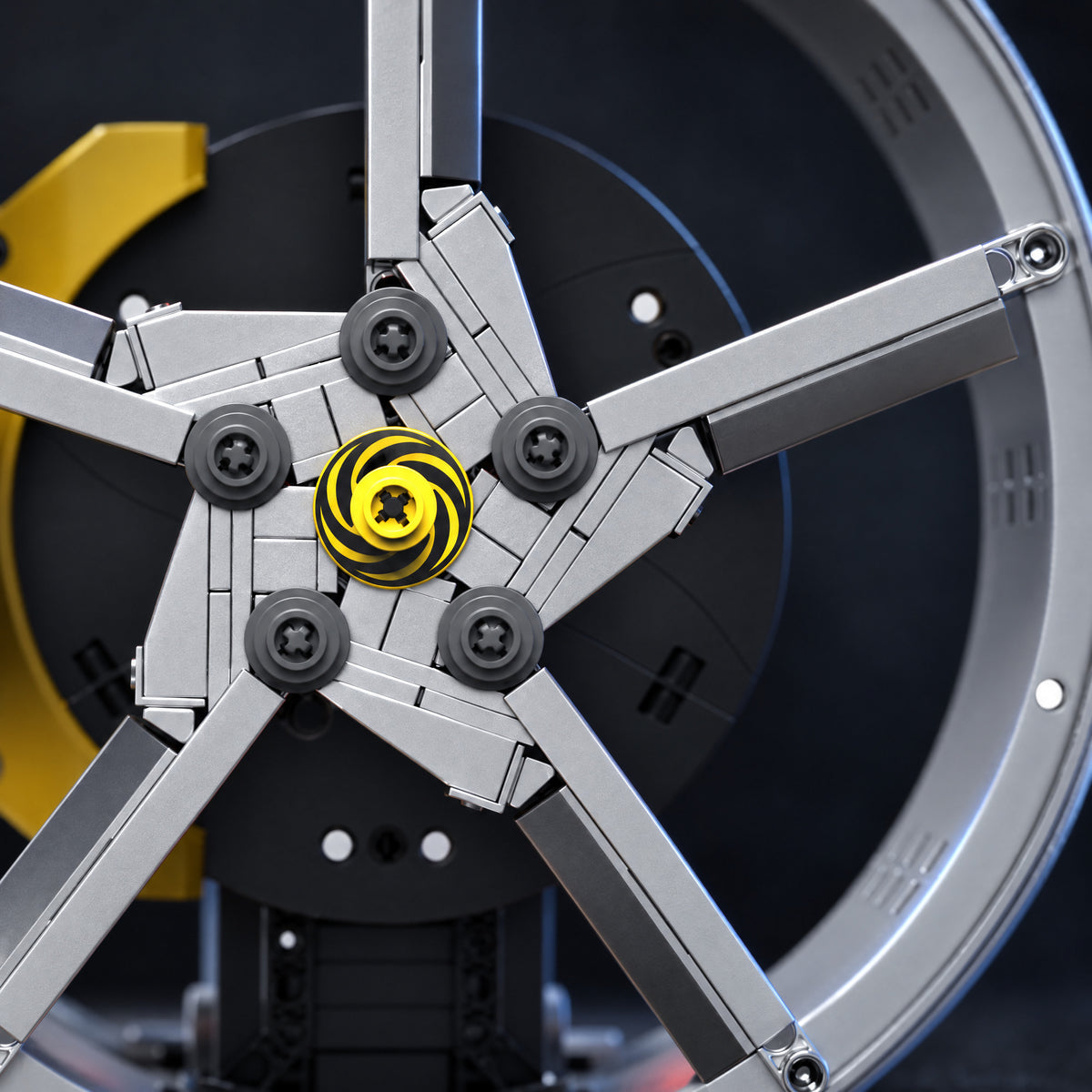 Motorised Five-Spoke Sport Wheel Hub brick model, five-spoke centre close-up