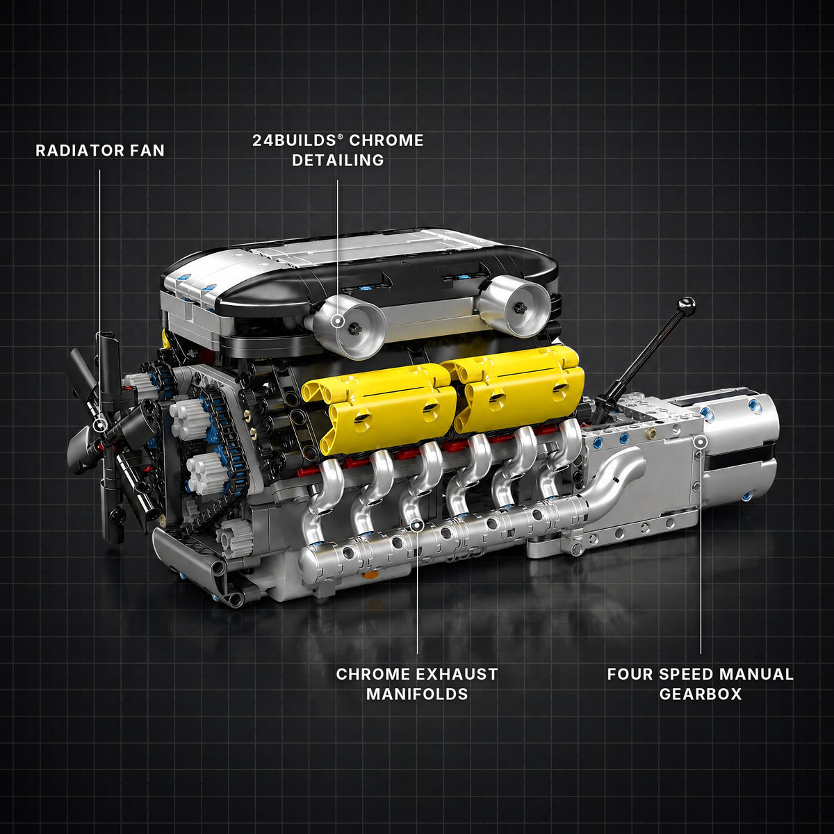 Motorised Italian V12 Engine brick model with its key features labelled