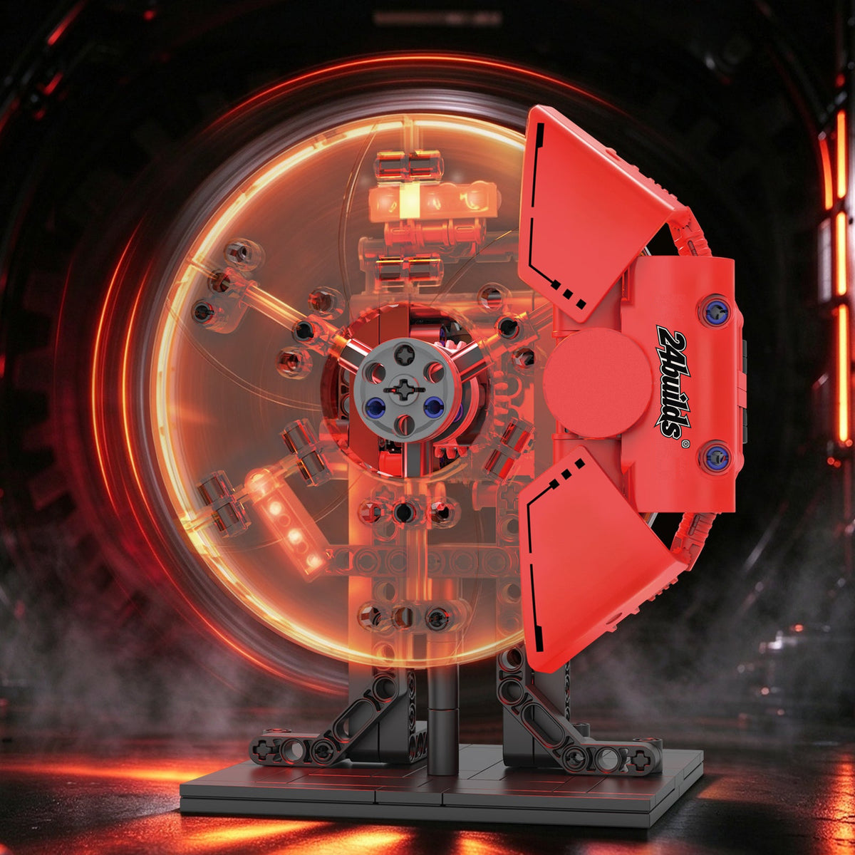 Motorised Racing Brake Disc brick model, glowing in a dark room