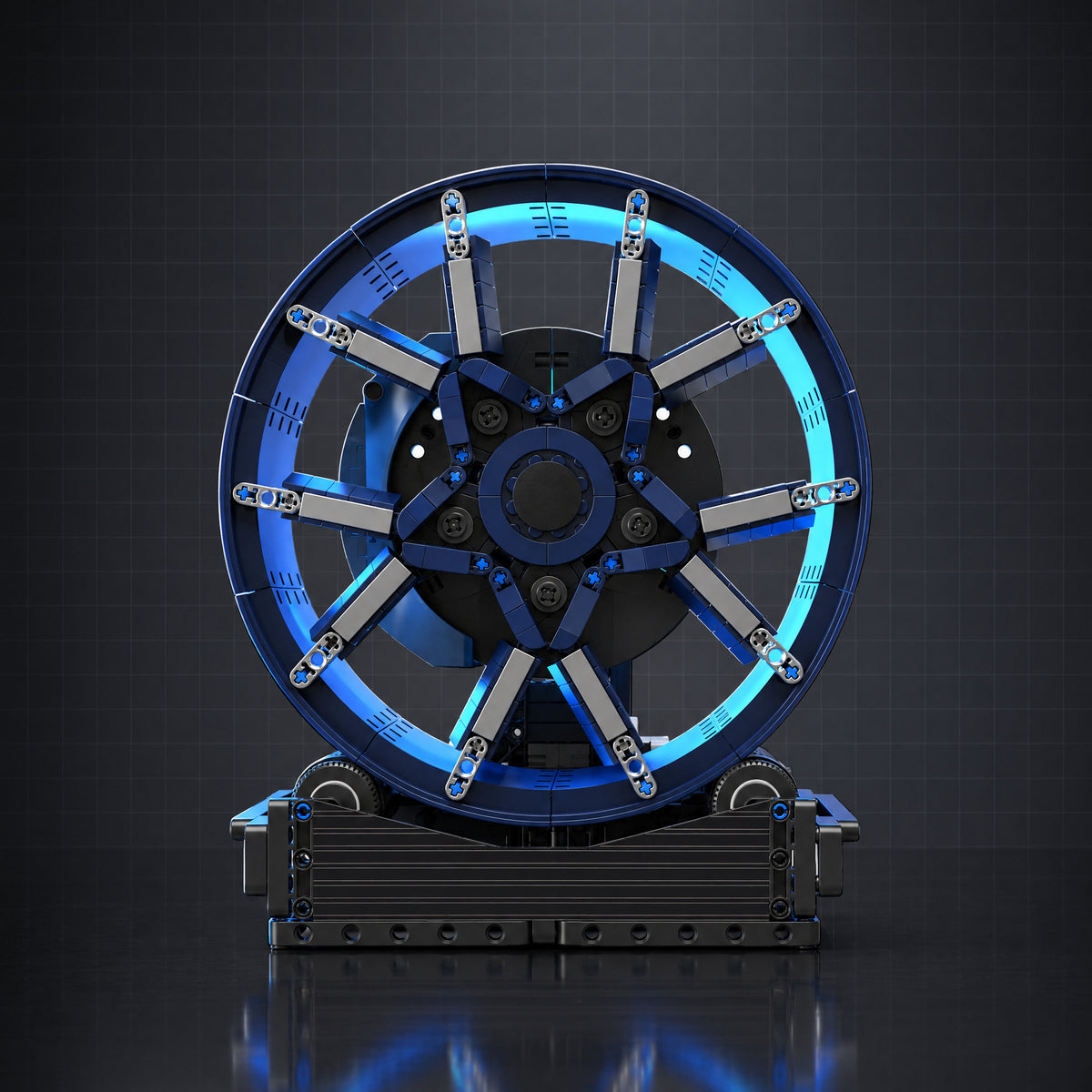 Motorised Ten-Spoke Hypercar Wheel Hub brick model, front view, dark studio
