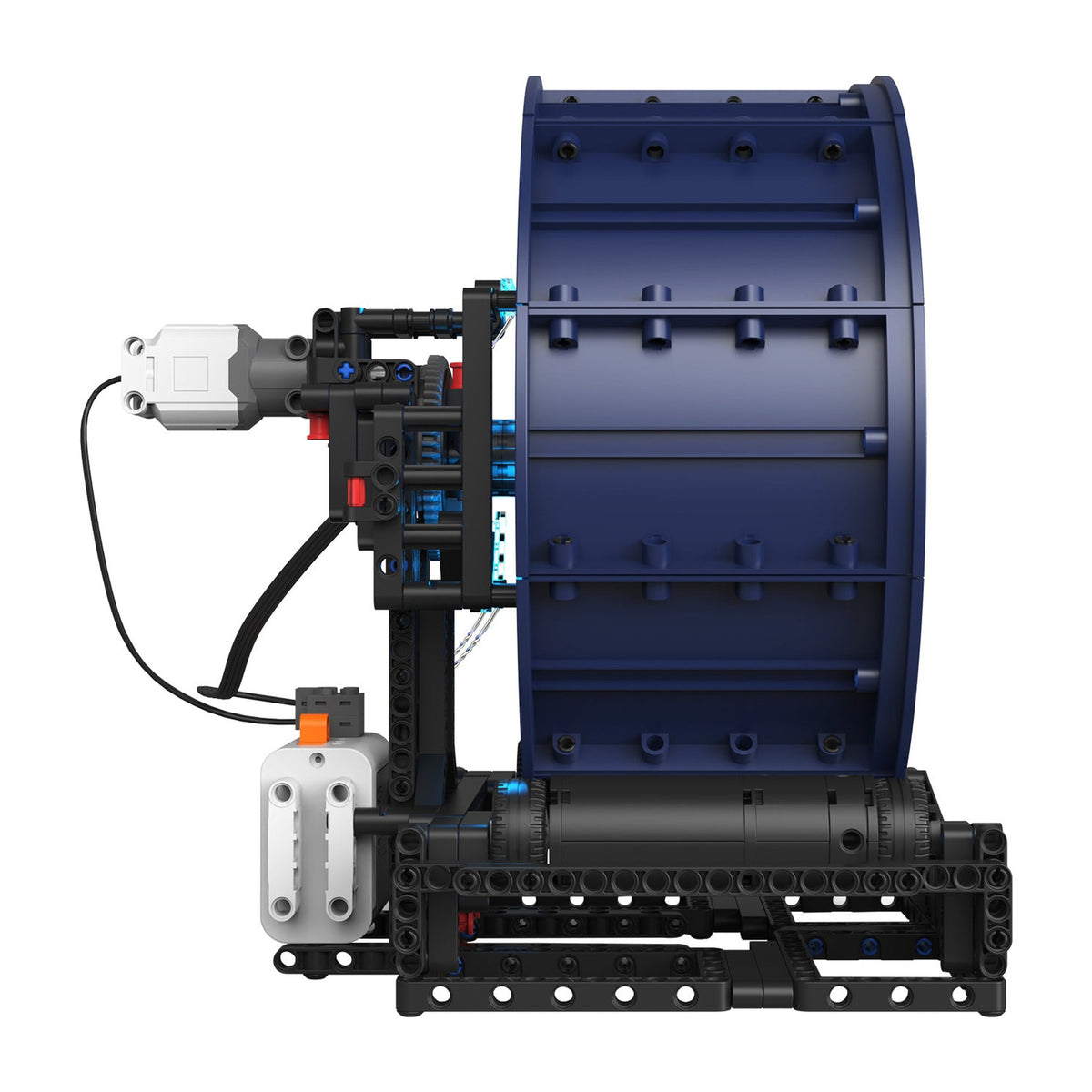 Motorised Ten-Spoke Hypercar Wheel Hub brick model, side view with the motor and battery box