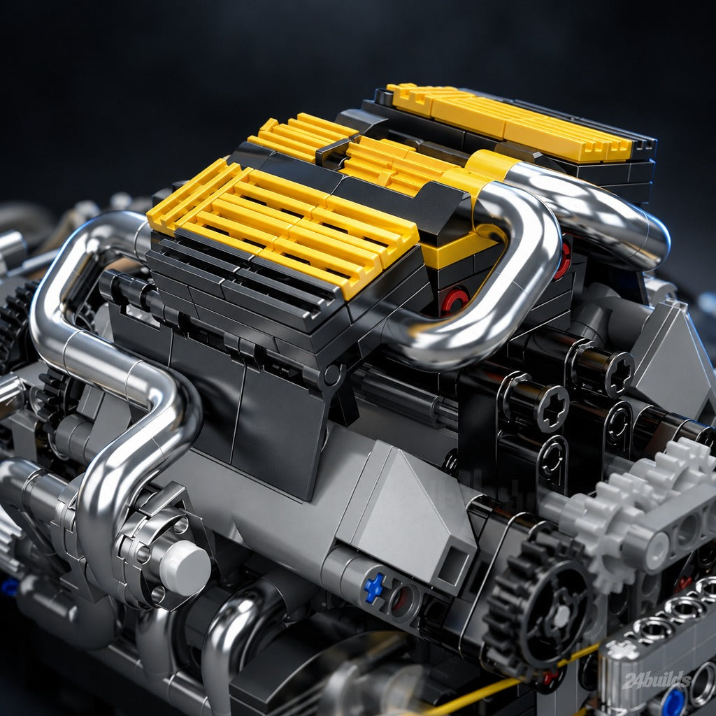 Motorised V8 Performance Engine brick model, yellow cam covers and chrome headers