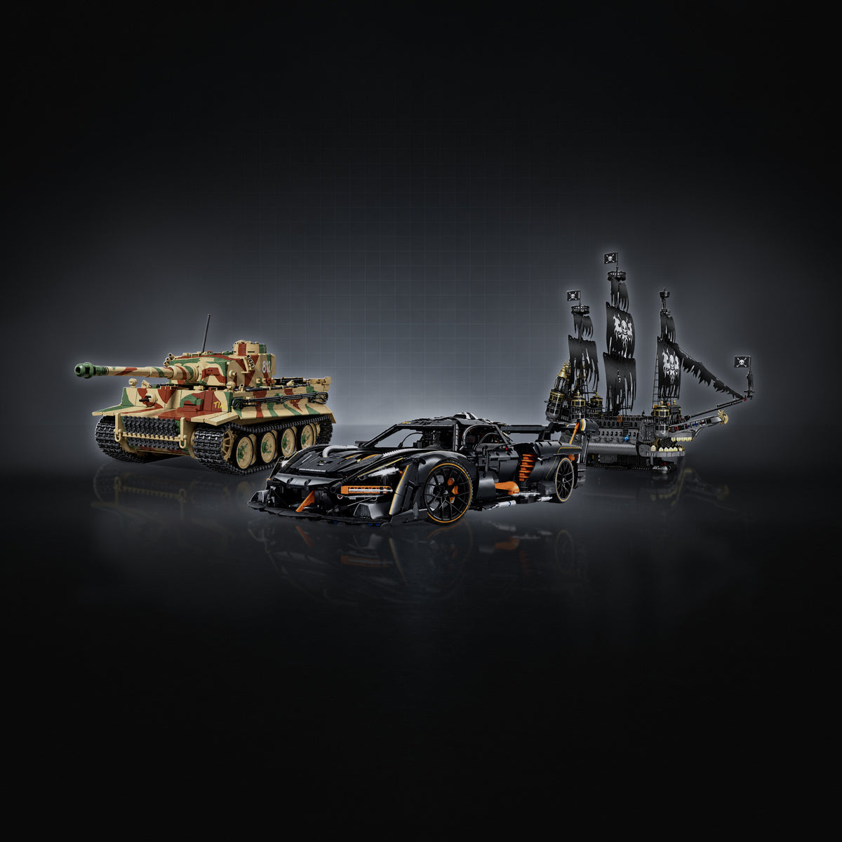 The Tiger I tank, the British Aero V8 Hypercar and the Ghost Galleon: real 24builds® brick models in a dark studio