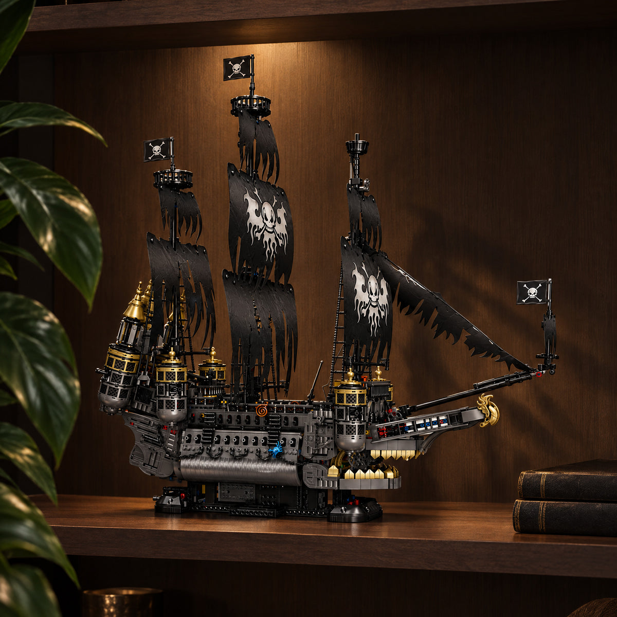 A finished brick-built ghost galleon on a dark wooden bookshelf