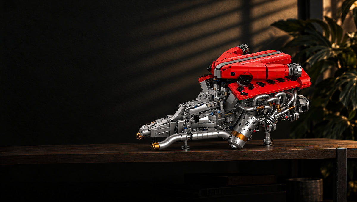 Red intake manifold over twelve cylinders