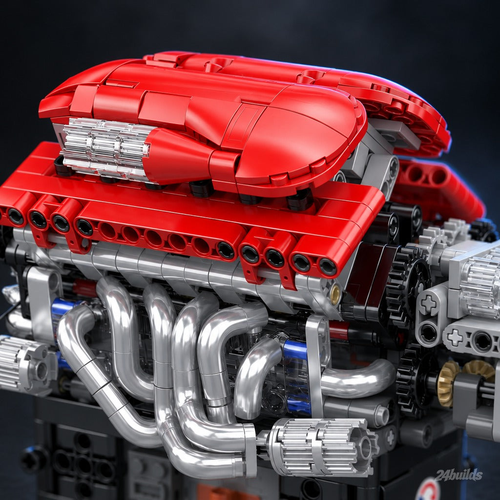 Naturally Aspirated Italian V12 Engine brick model, red intake covers close-up