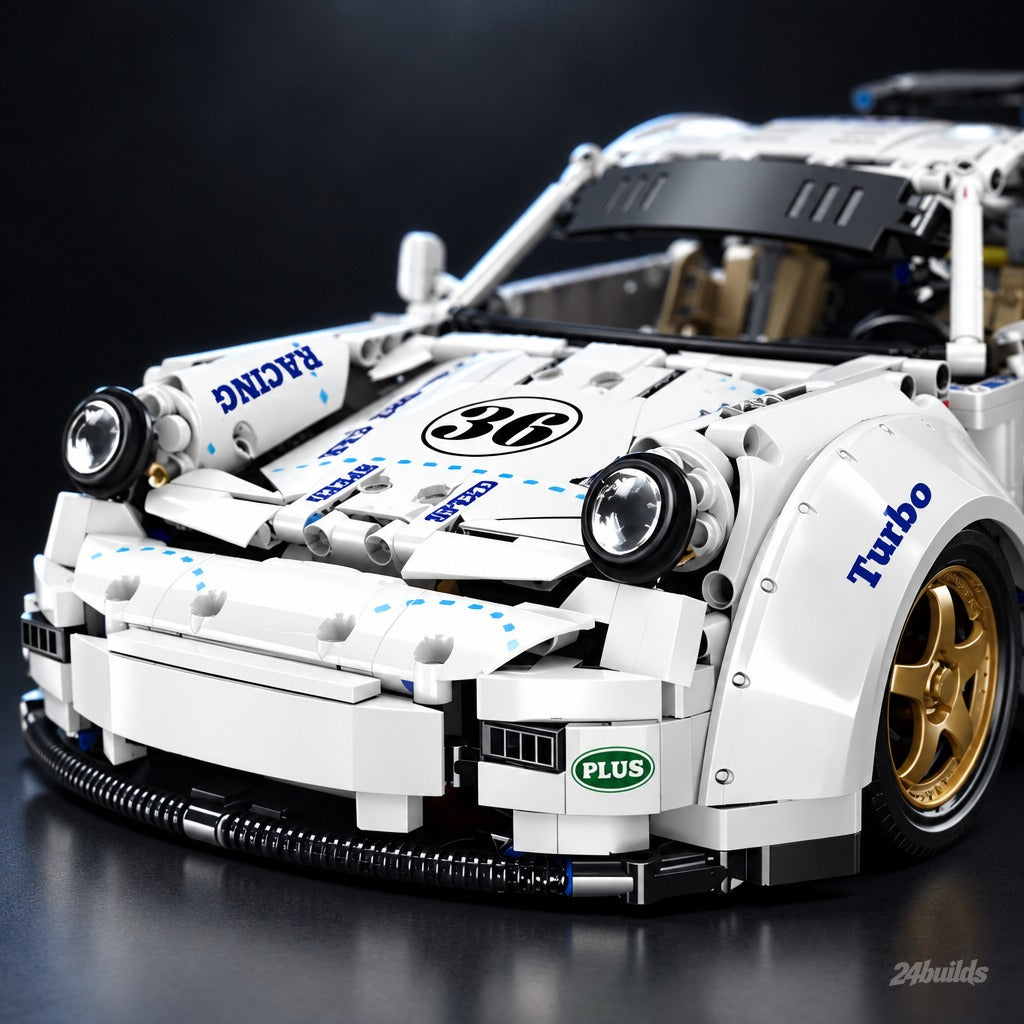 Remote Controlled German Widebody GT Racer brick model, round headlights and bonnet stickers