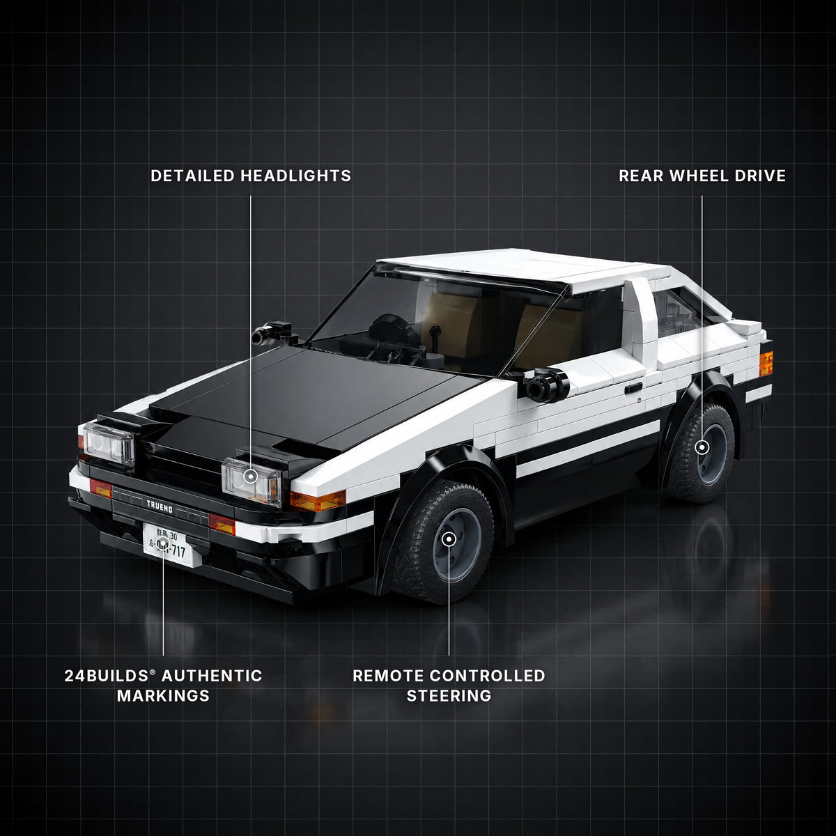 Remote Controlled Initial D AE86 brick model with its key features labelled