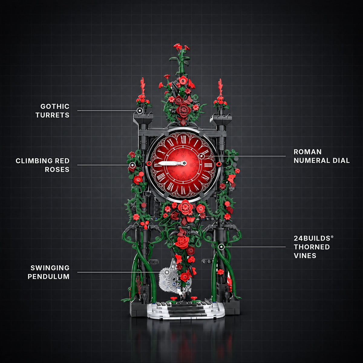 Rose Pendulum Clock brick model with its key features labelled