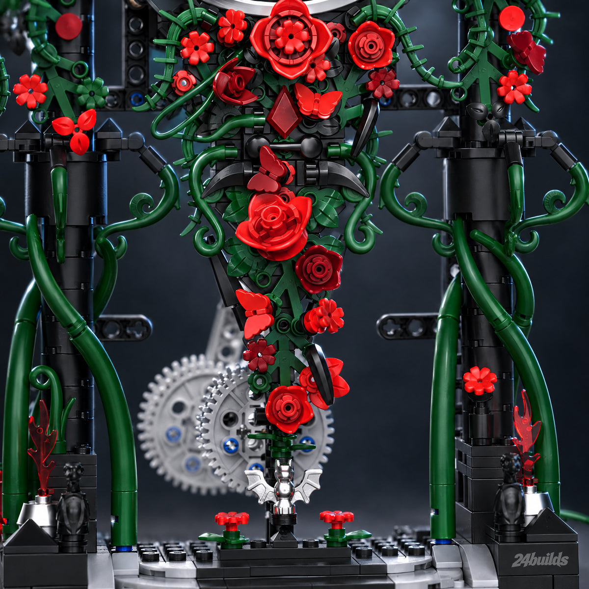 Rose Pendulum Clock brick model, pendulum with red roses, butterflies and a silver bat