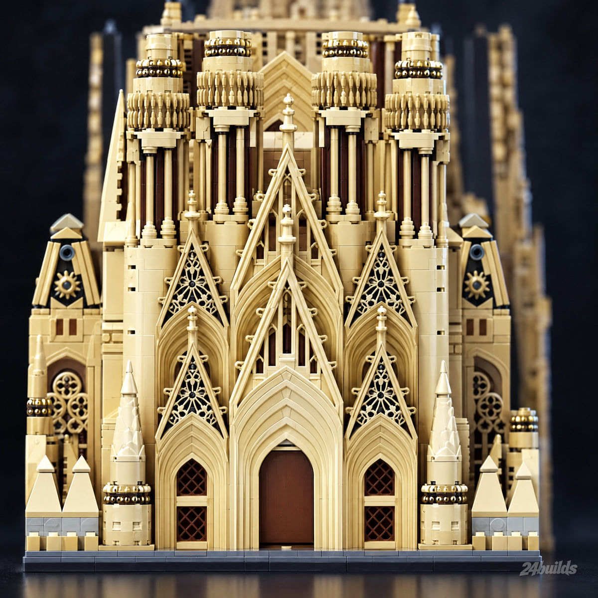 Sagrada Família brick model, pointed gables and portals close-up