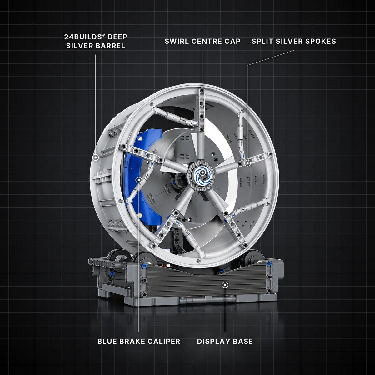 Silver Split-Spoke Wheel Hub brick model with its key features labelled