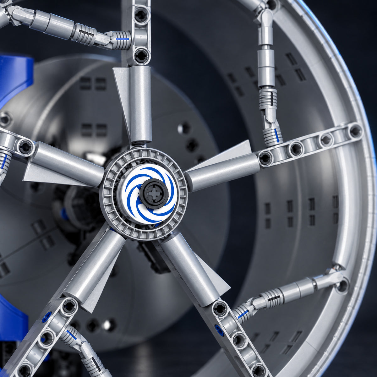 Silver Split-Spoke Wheel Hub brick model, split silver spokes close-up