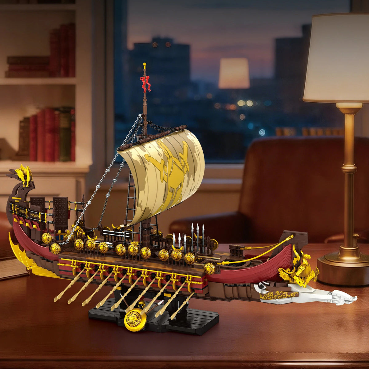 Spartan Warship brick model on a desk by a lamp