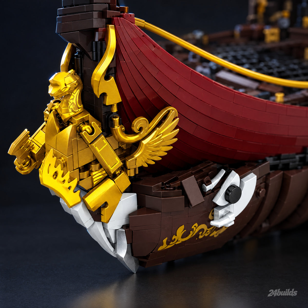 Spartan Warship brick model, ram and gold figurehead close-up