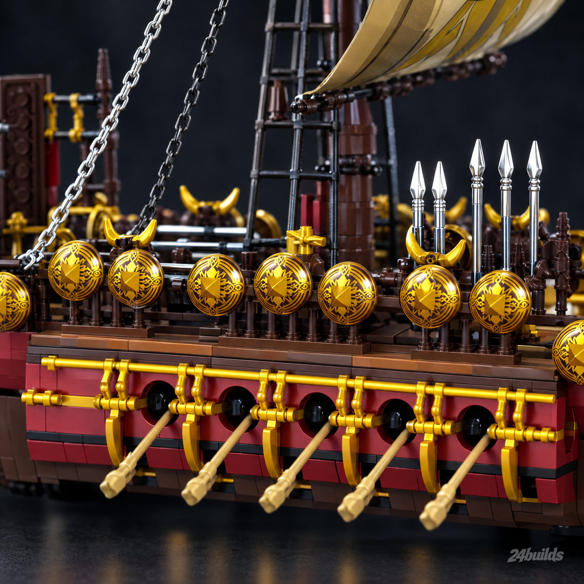 Spartan Warship brick model, shields and spears along the rail