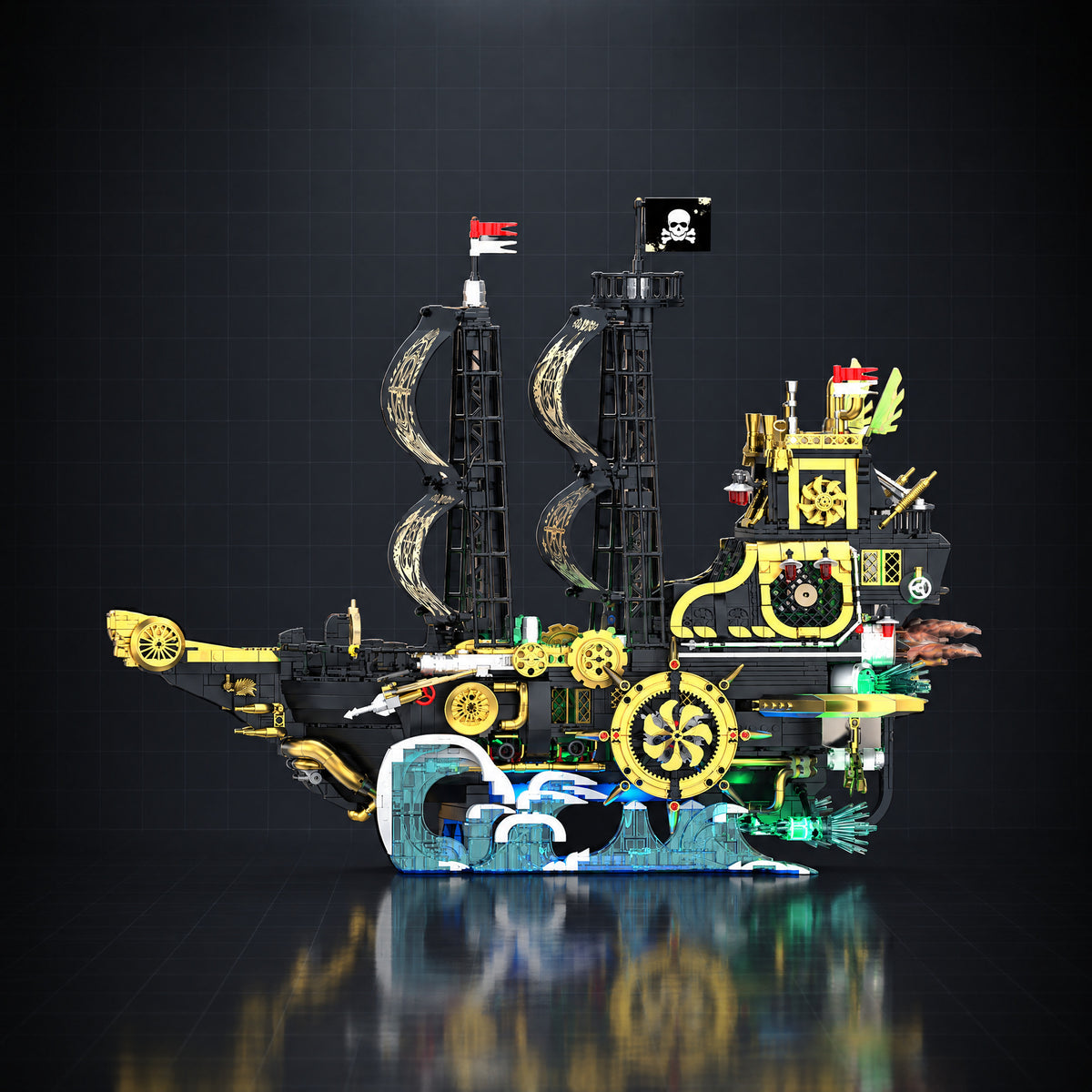Steampunk Pirate Ship brick model, side view, dark studio