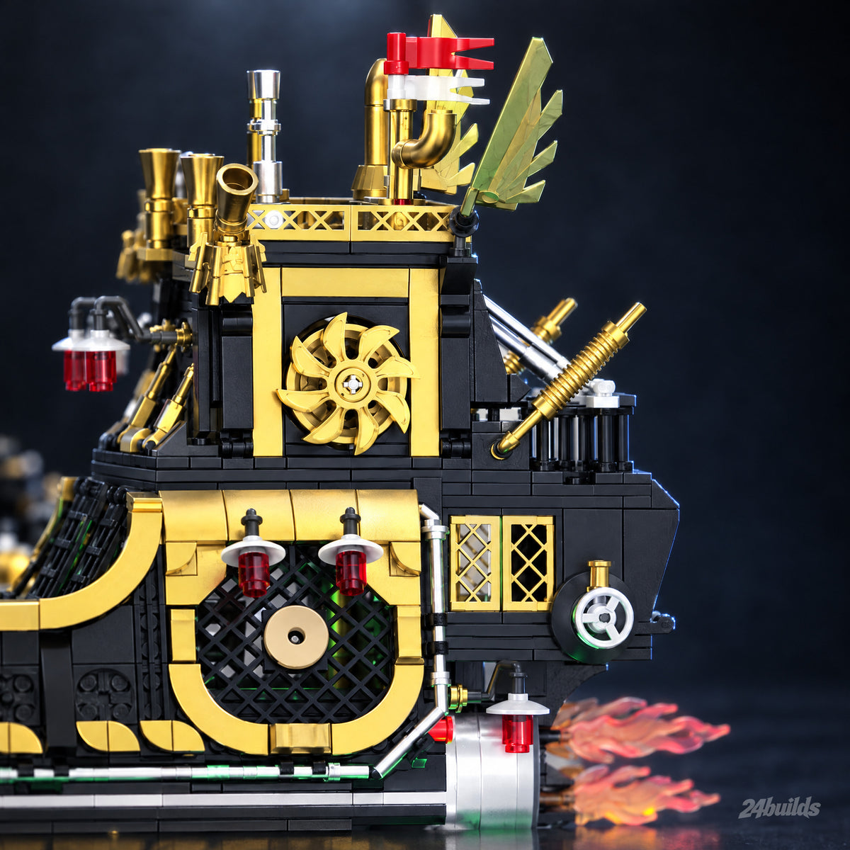 Steampunk Pirate Ship brick model, black and gold captain's cabin at the stern