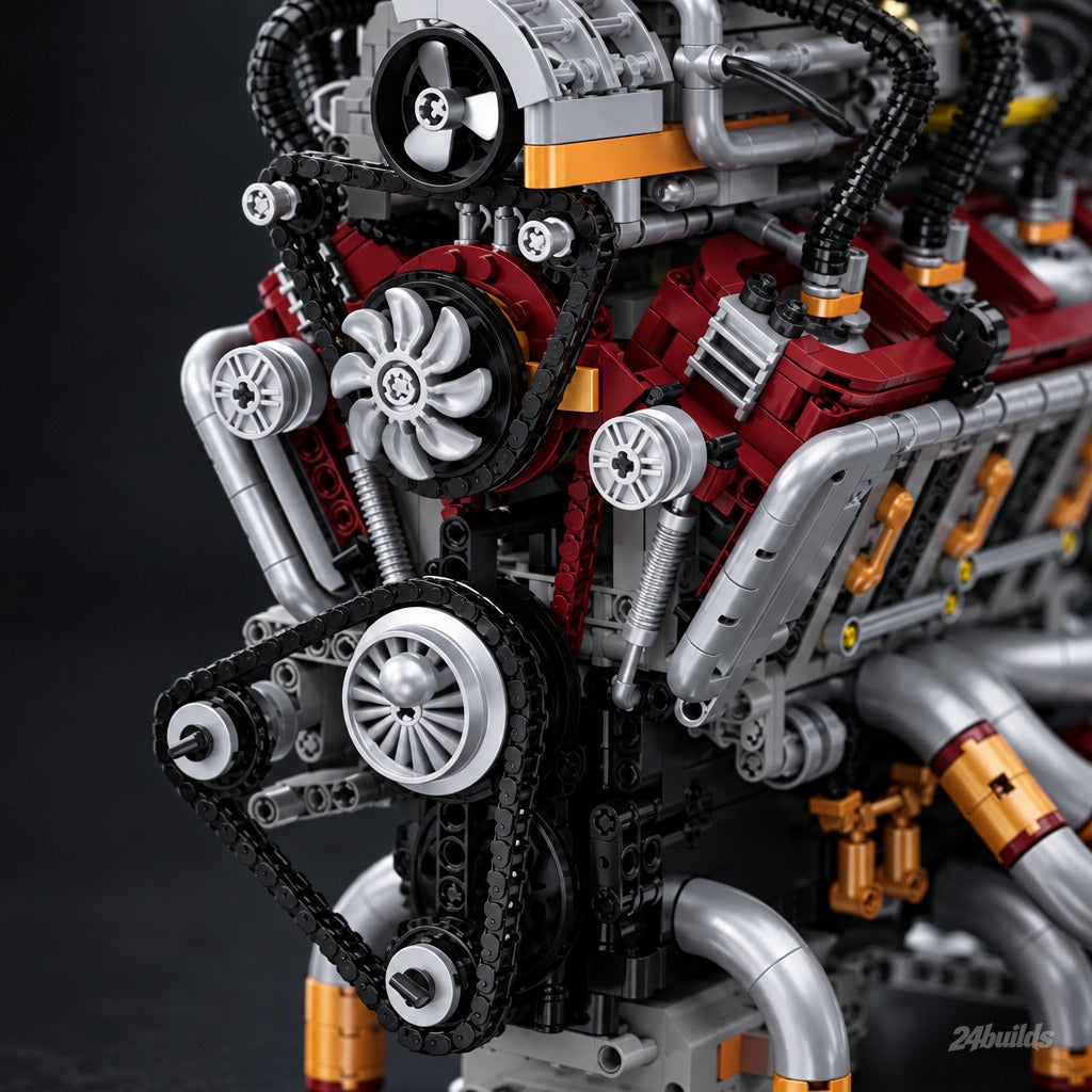 The Ultimate American Supercharged V8 Engine brick model, timing chains and pulleys close-up