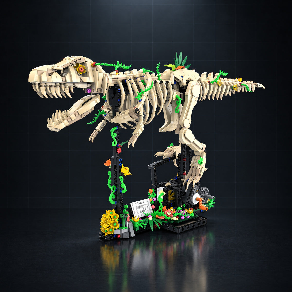 T-Rex Fossil Skeleton brick model, three-quarter view, dark studio