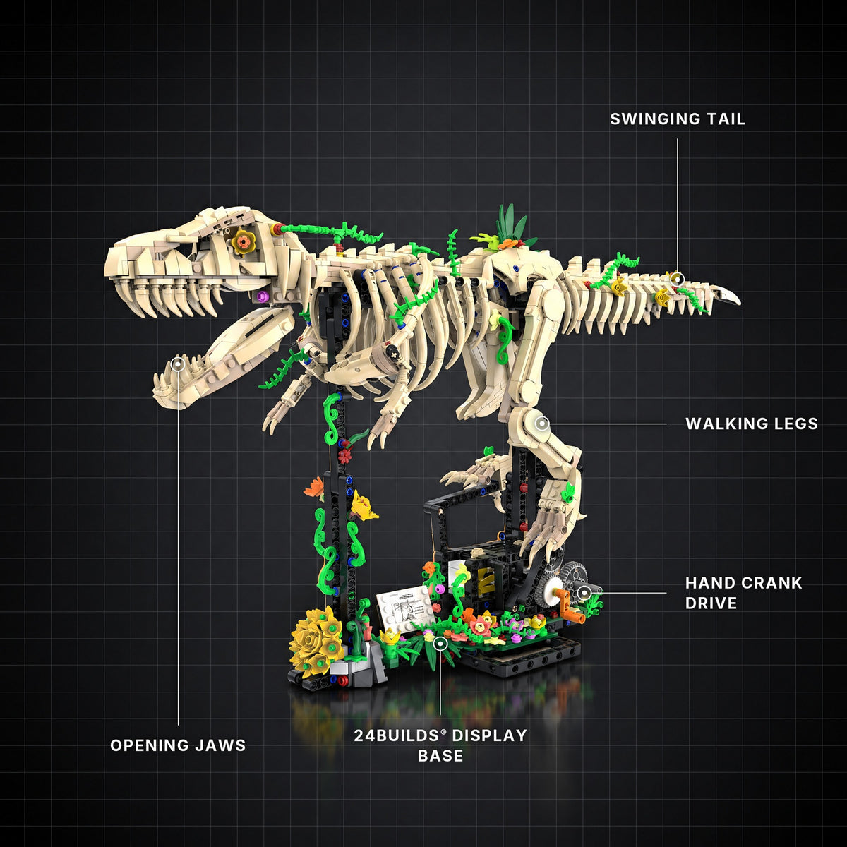 T-Rex Fossil Skeleton brick model with its key features labelled
