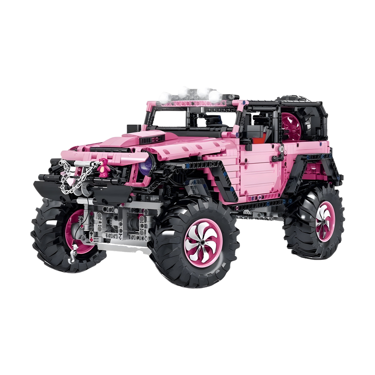A pink teddy bear mounted on the front