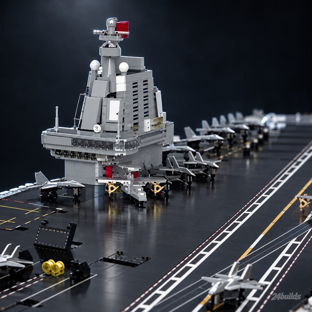 The Ultimate Aircraft Carrier brick model, island superstructure and parked jets