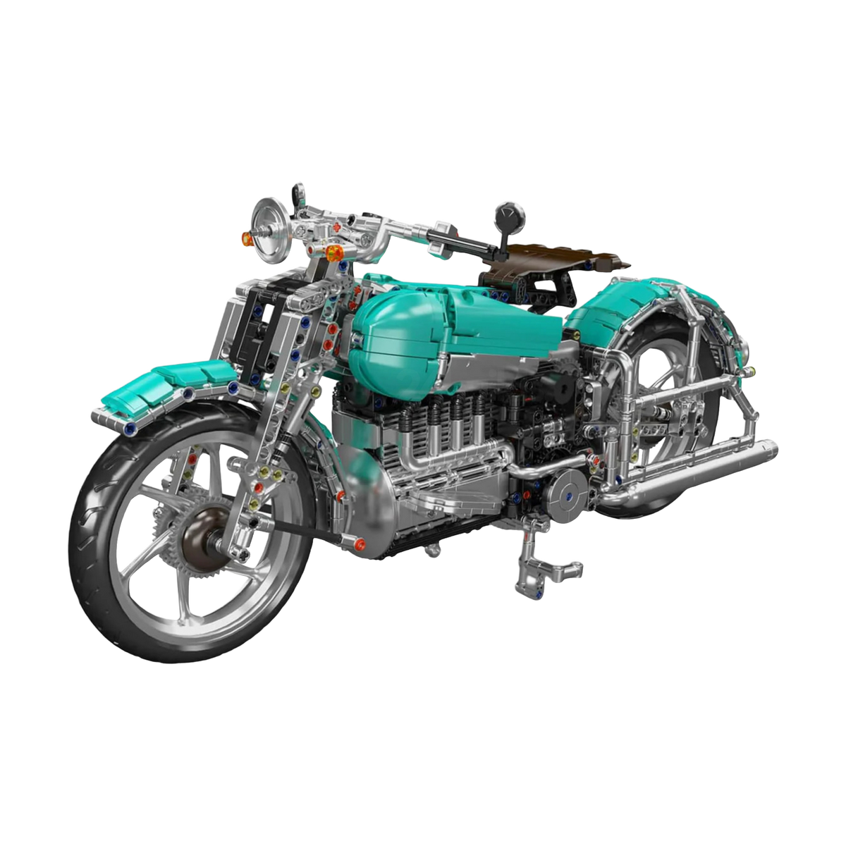 Teal green paint over an exposed four-cylinder