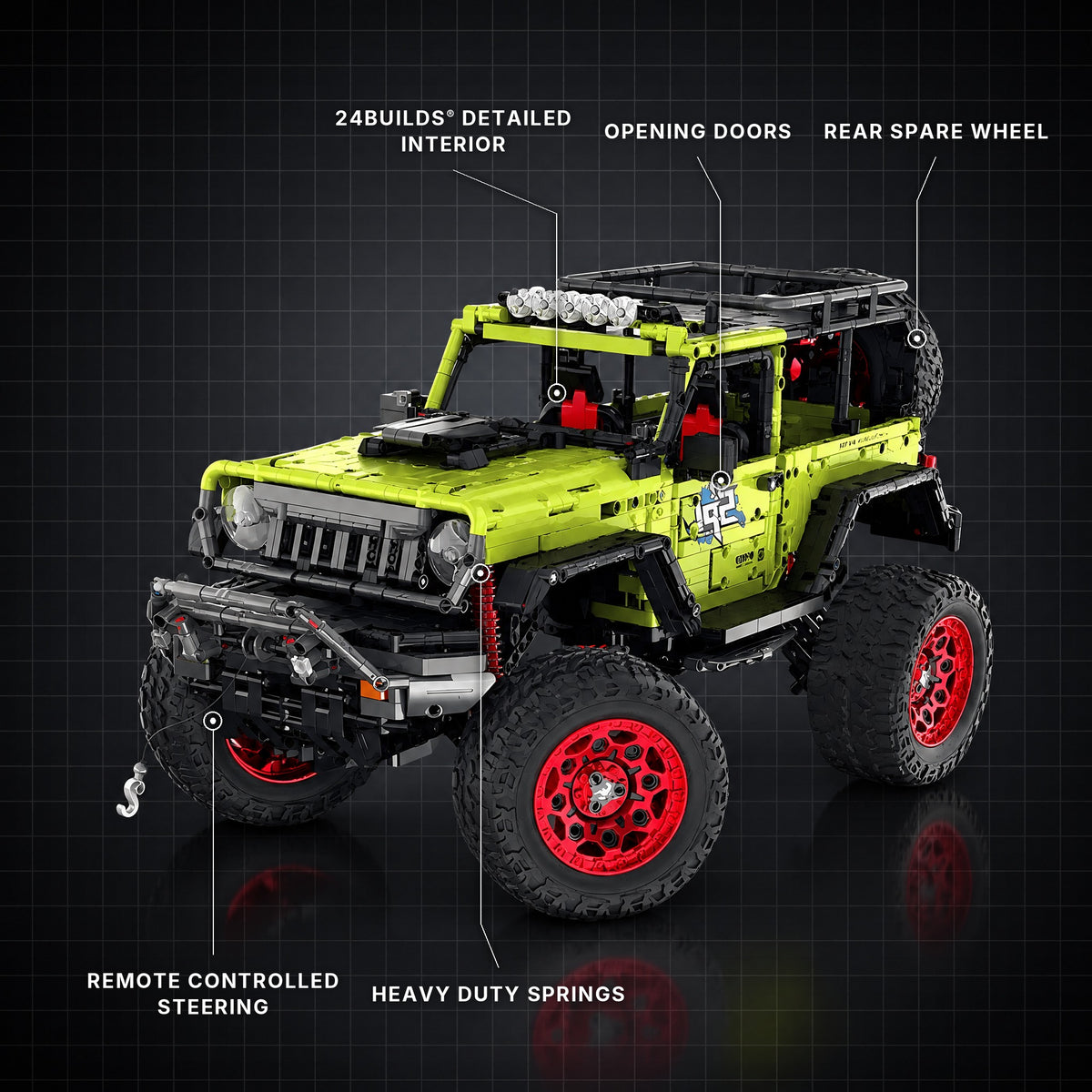 Lifted American off-roader key features: remote controlled steering, heavy duty springs, opening doors, rear spare wheel, detailed interior