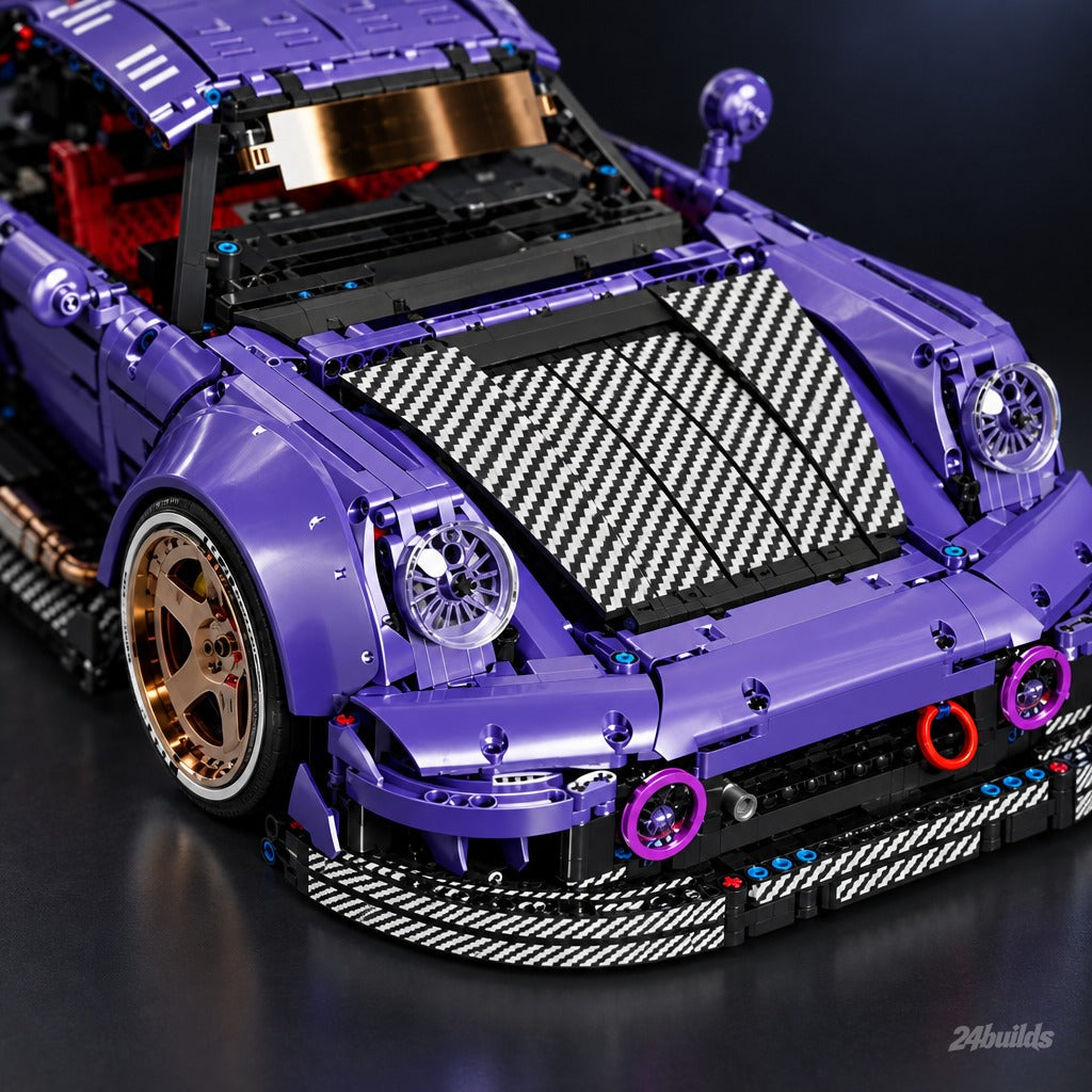 The Ultimate German Widebody GT Racer brick model, front arch and gold rim close-up