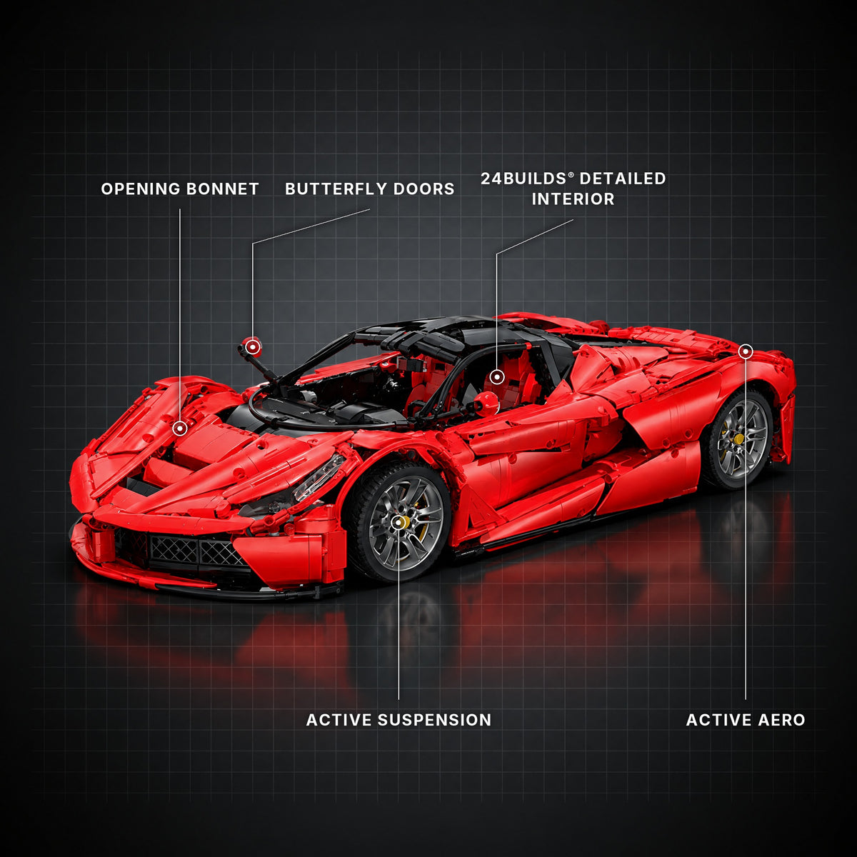 The Ultimate Italian Flagship key features: butterfly doors, opening bonnet, active suspension, active aero, detailed interior