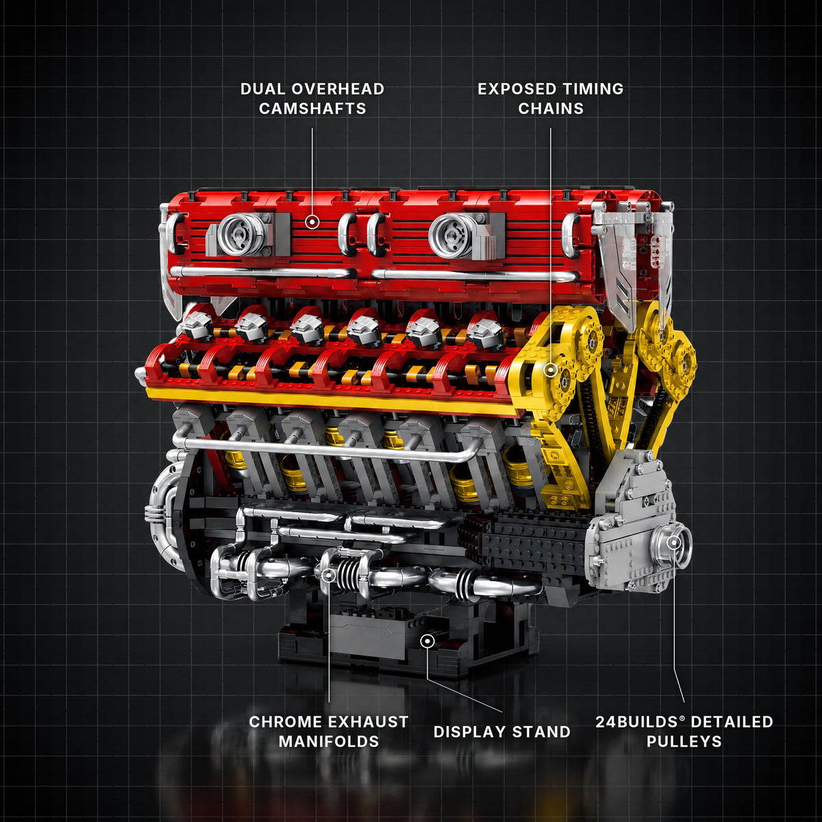 The Ultimate Italian V12 Supercar Engine brick model with its key features labelled