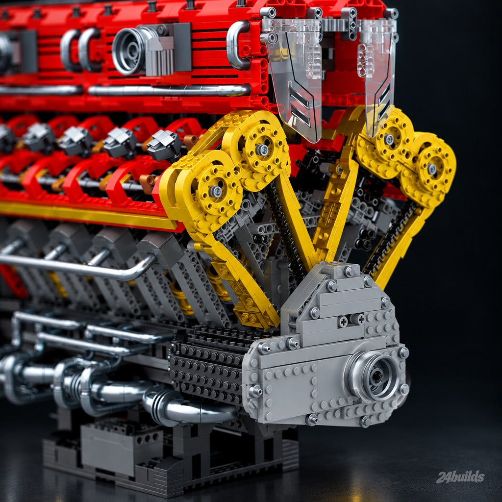 The Ultimate Italian V12 Supercar Engine brick model, yellow timing chains