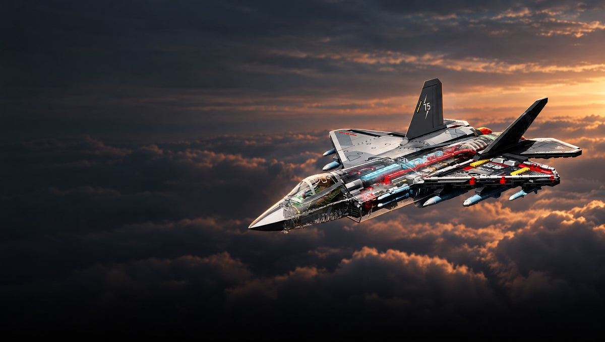 A stealth fighter with its engine on show