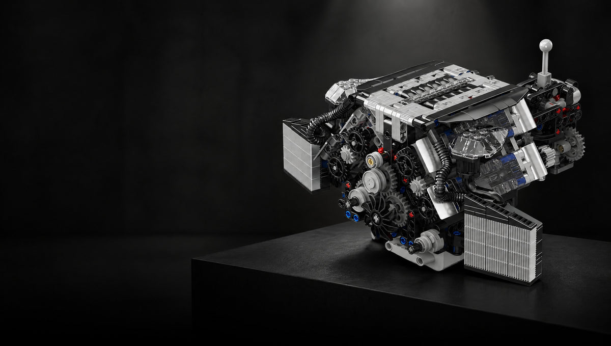 Twelve pistons turning through a clear block