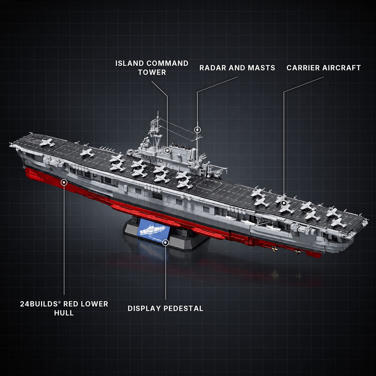 USS Enterprise CV-6 Aircraft Carrier brick model with its key features labelled
