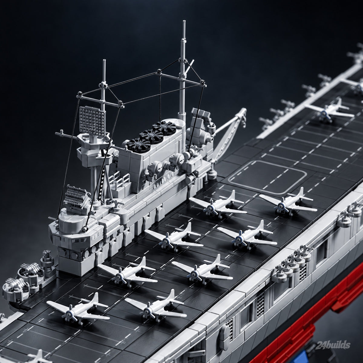 USS Enterprise CV-6 Aircraft Carrier brick model, island command tower and radar masts close-up