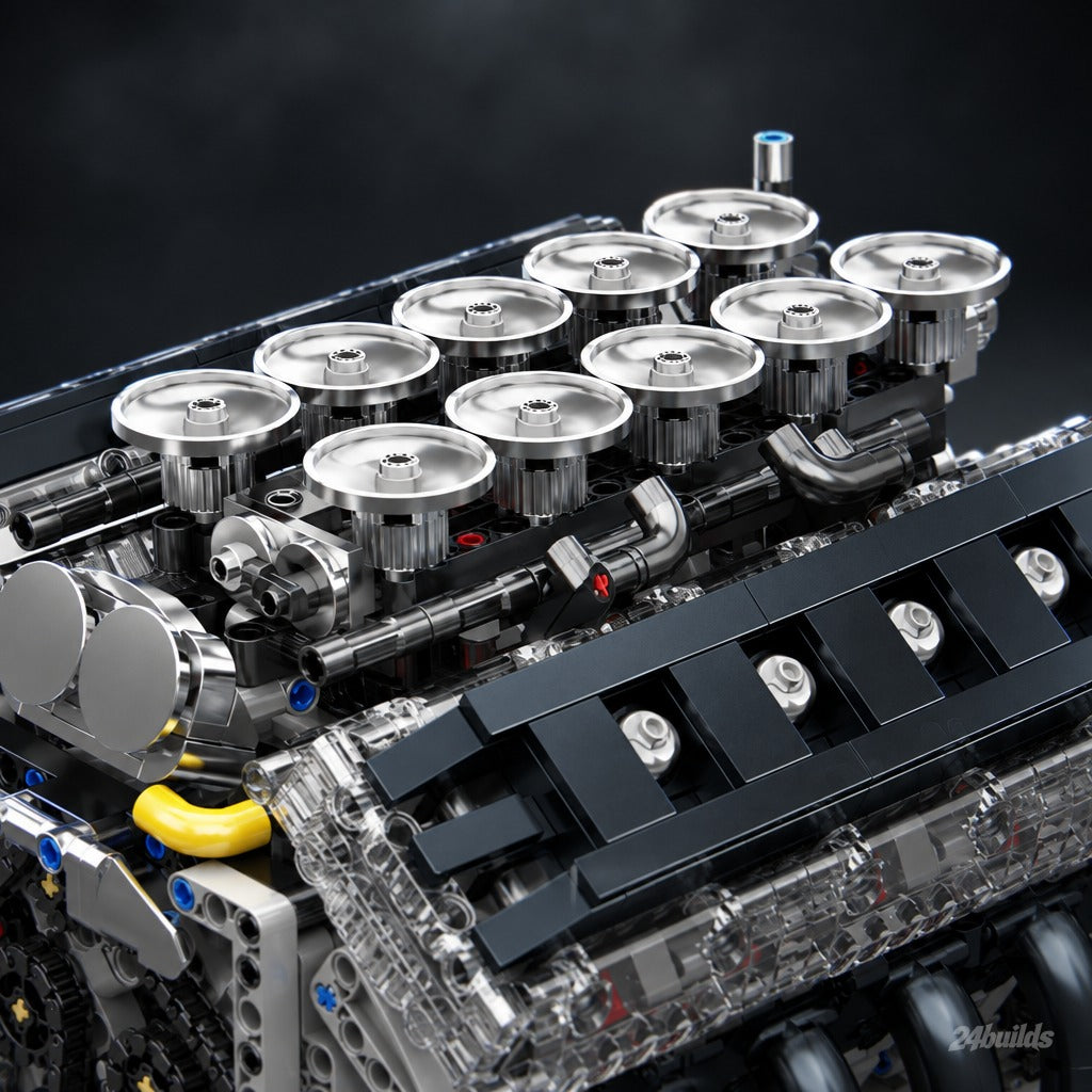 Japanese V10 Performance Engine brick model, chrome intake trumpets close-up