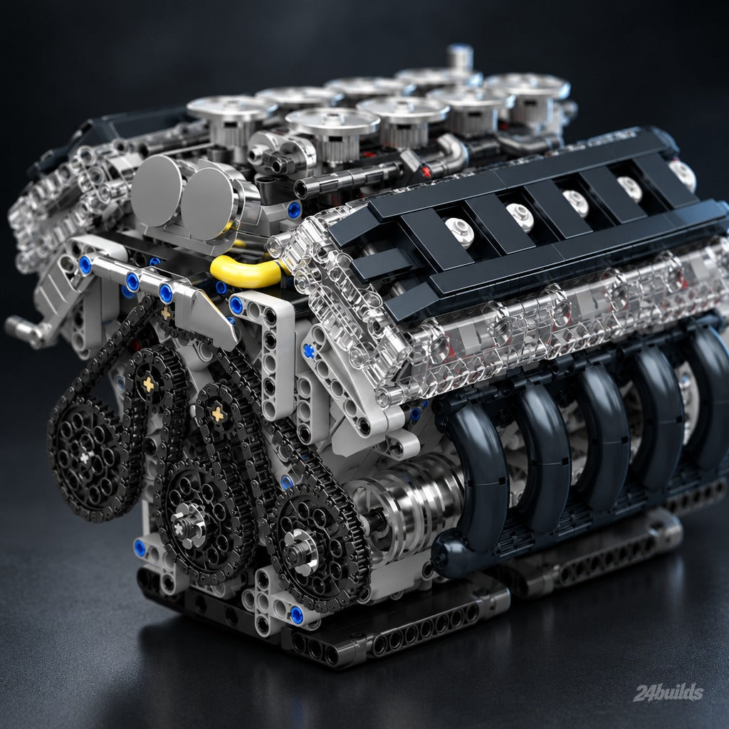 Japanese V10 Performance Engine brick model, timing chains close-up