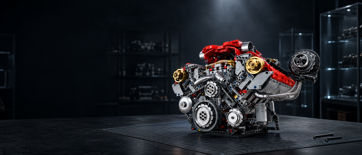 Italian Flagship V8 Engine brick model in a dark workshop
