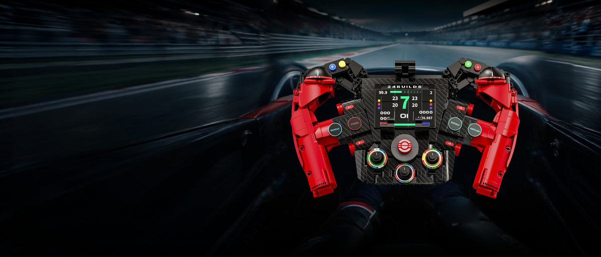 Red 1:1 steering wheel brick model seen from the driver's seat of a race car