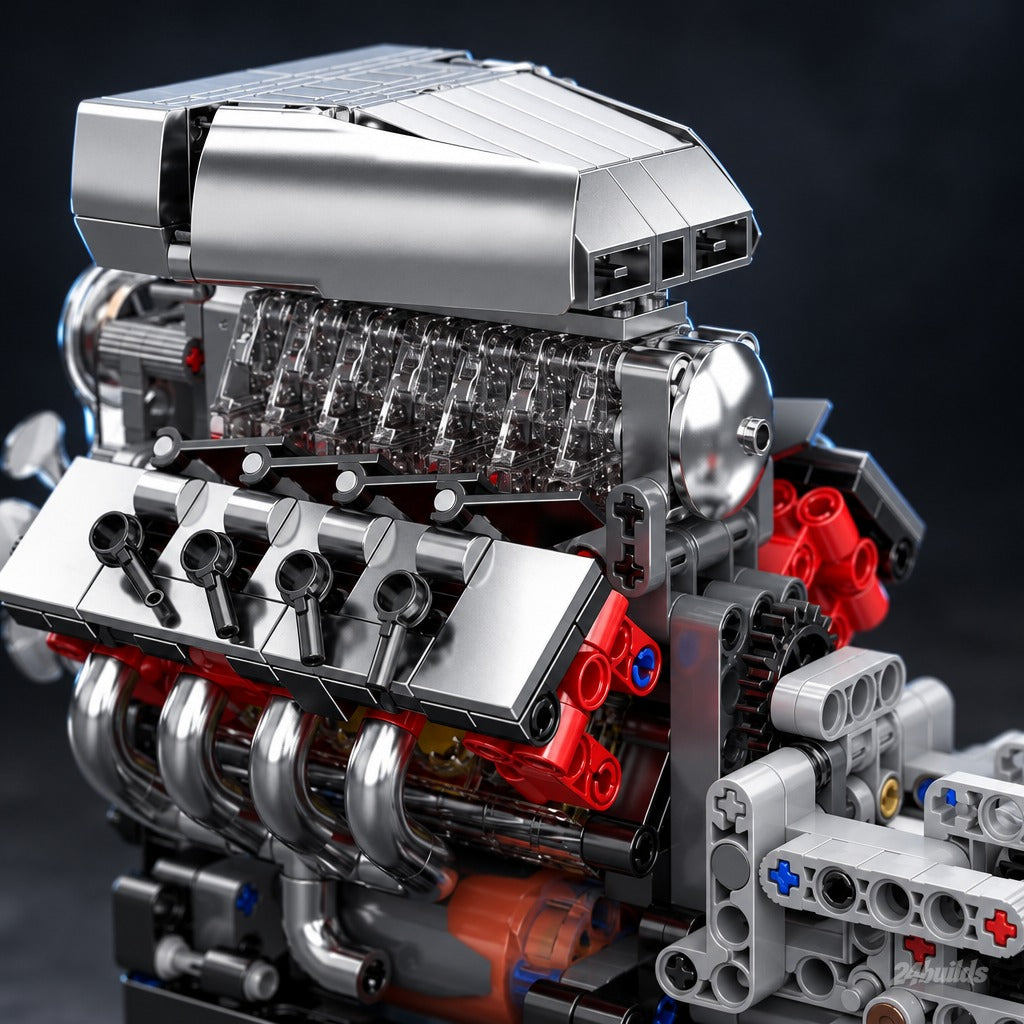 V8 Supercharger Engine brick model, supercharger and clear cylinder heads