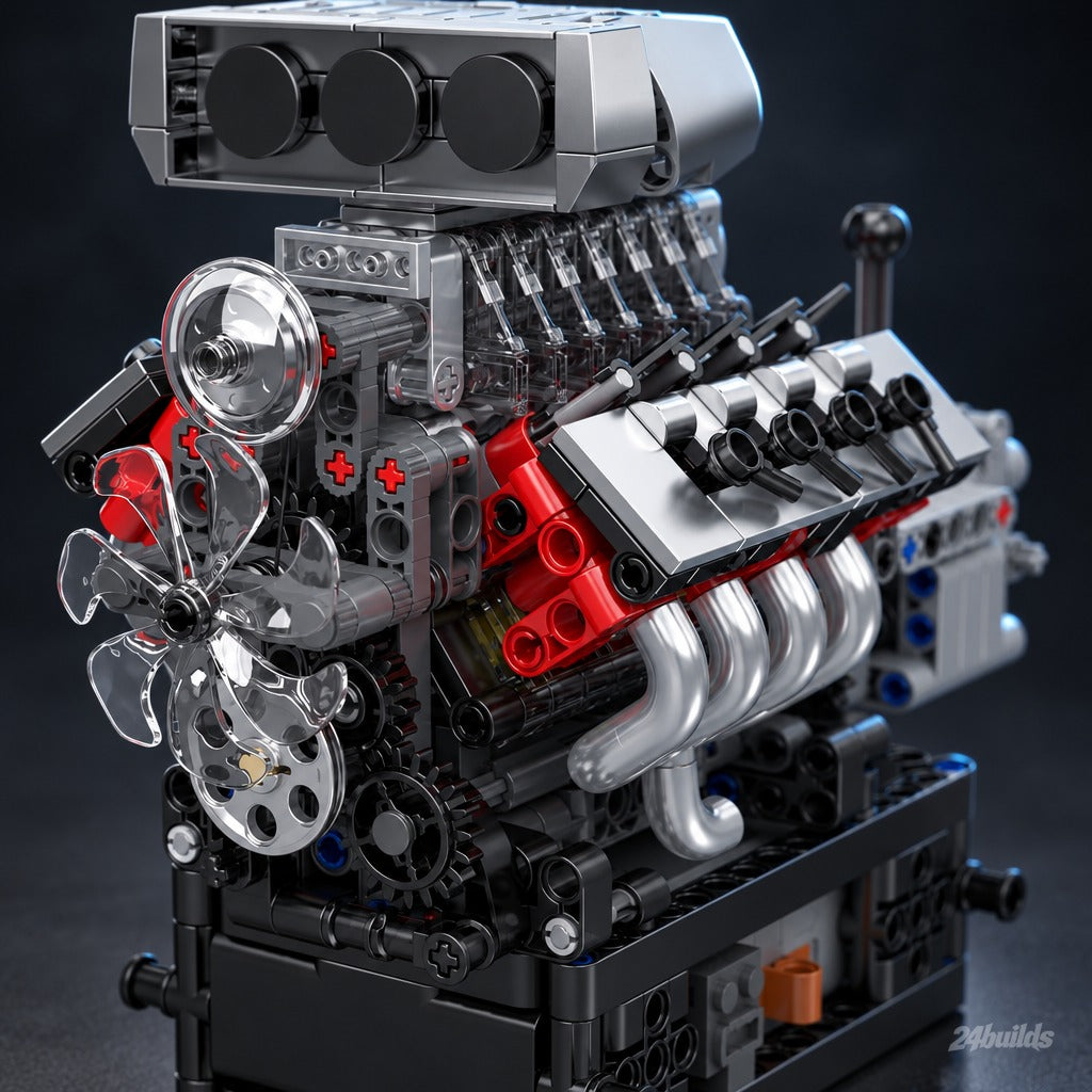 V8 Supercharger Engine brick model, chrome headers and front pulley
