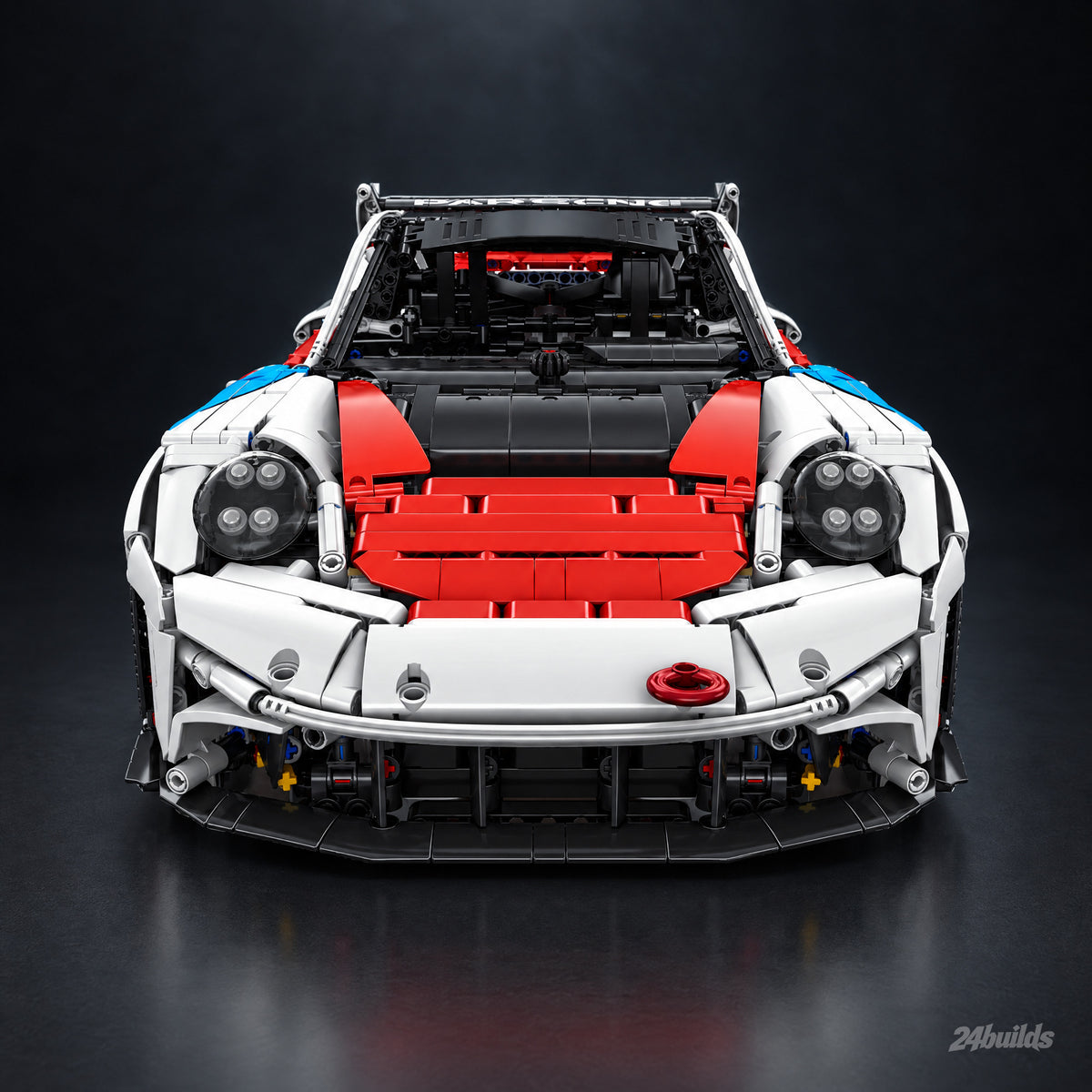 White Edition German Flat-Six GT3 Racer brick model, front view