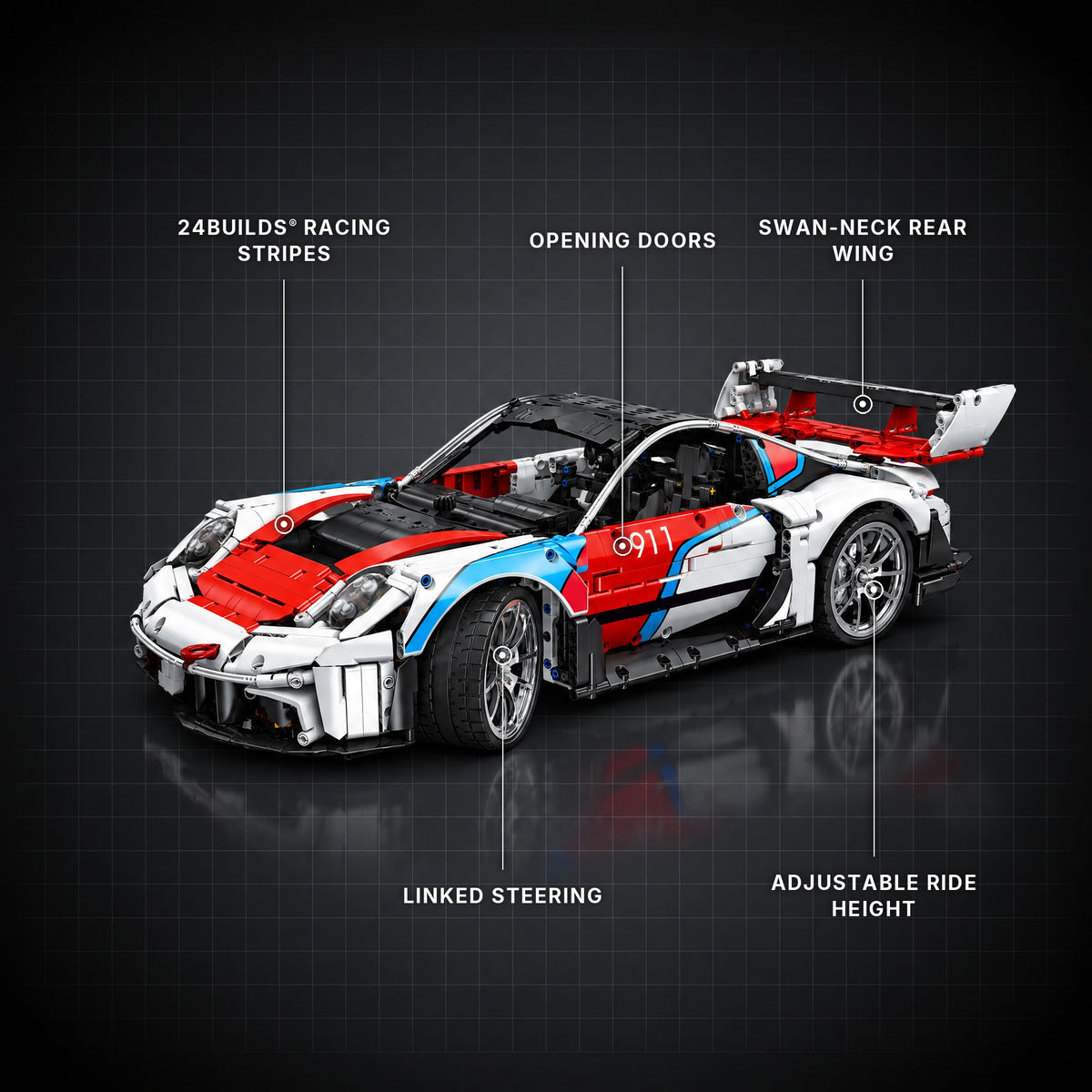 White Edition German Flat-Six GT3 Racer brick model with its key features labelled