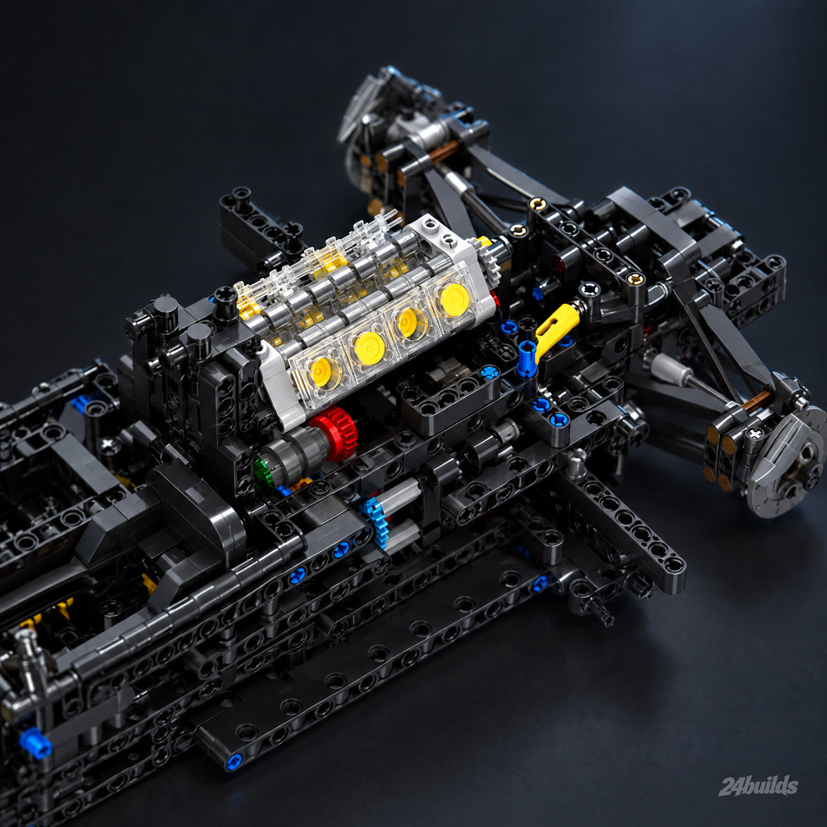 Yellow Edition American V8 Endurance Hypercar brick model, V8 with clear cylinder heads on the chassis