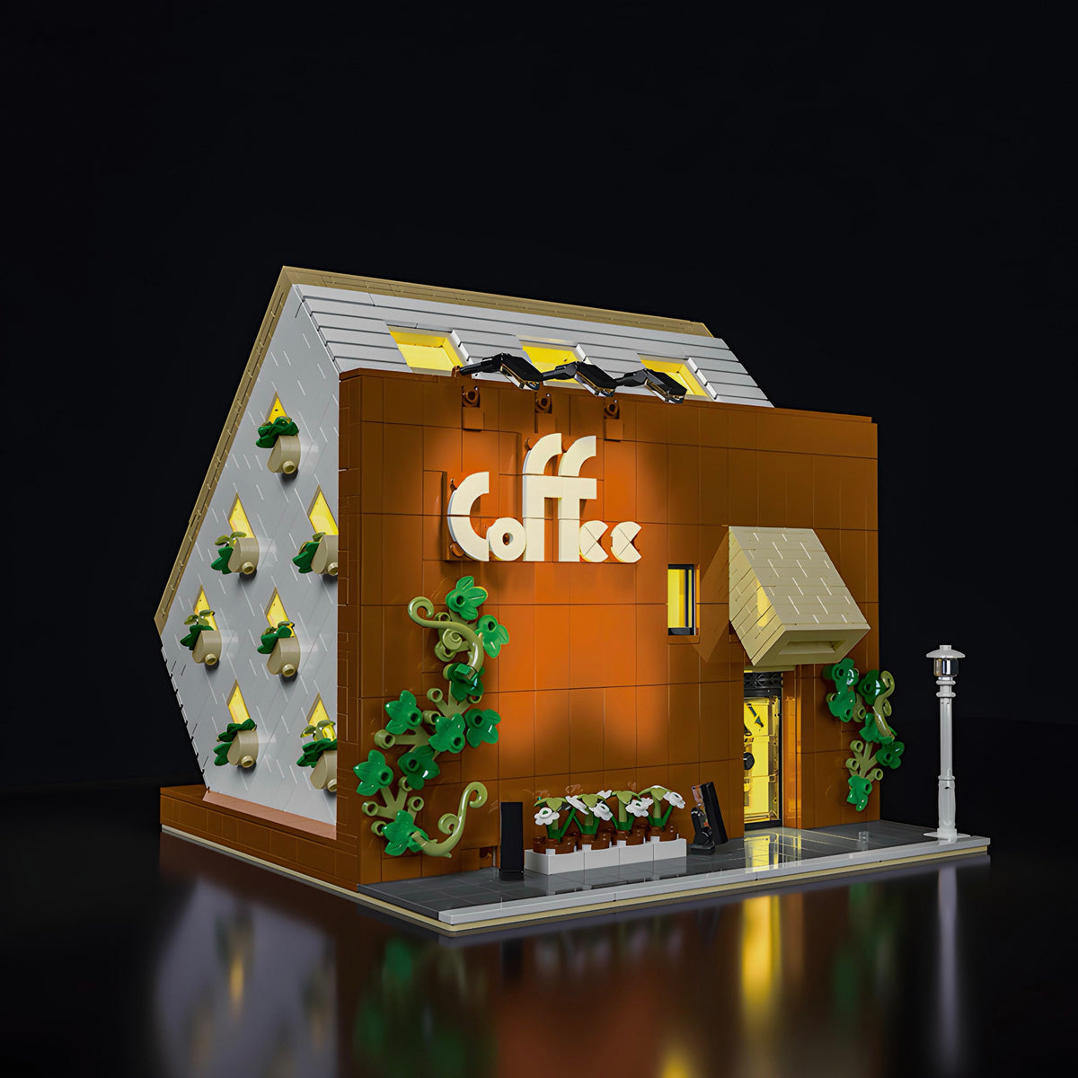 An upside-down café lit from within