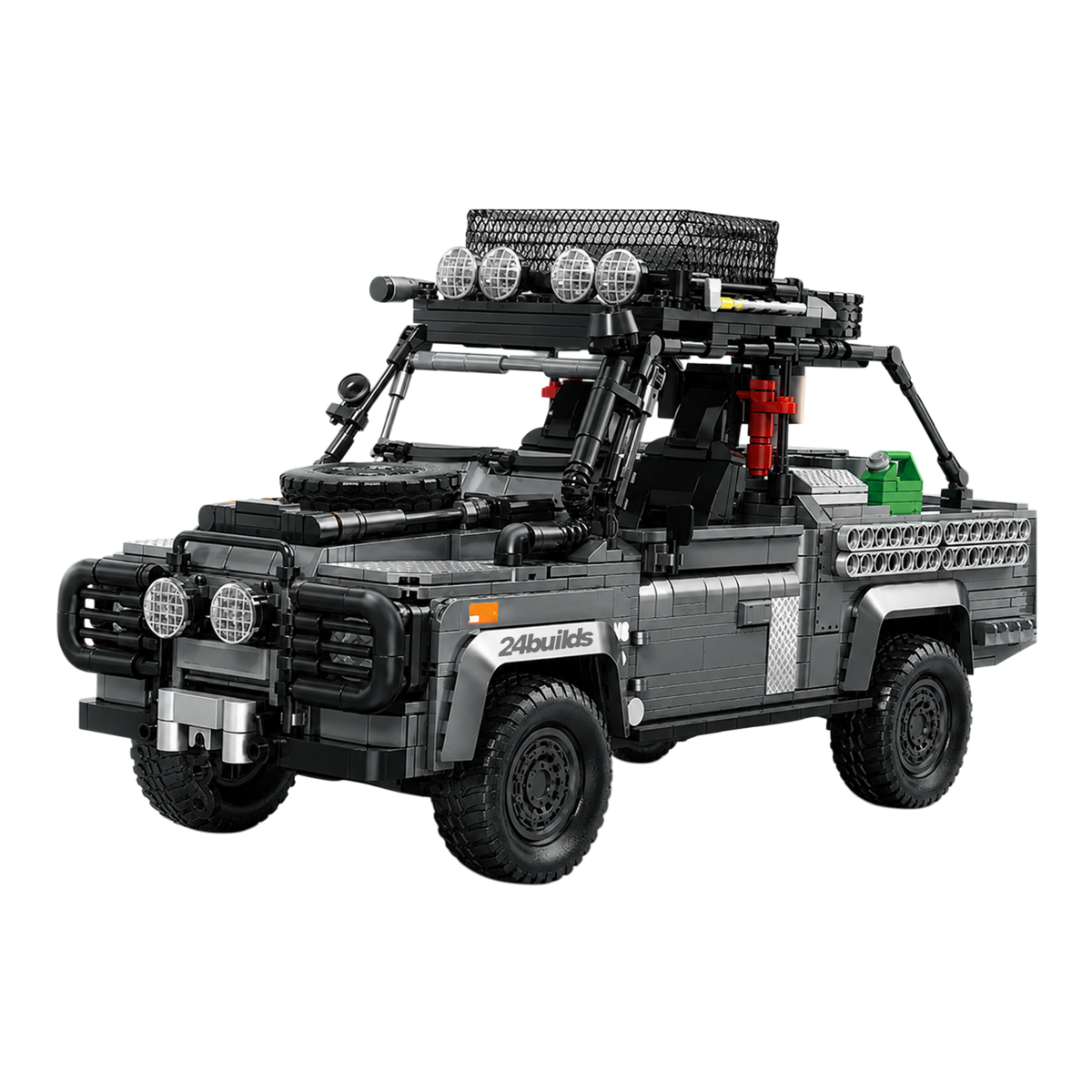 Roof rack, spotlights and jerry cans aboard
